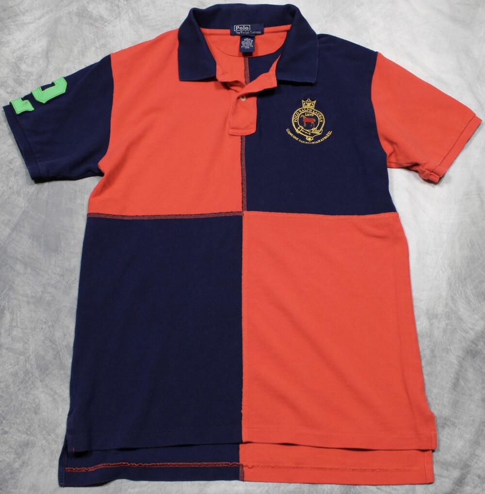 Polo By Ralph Lauren Polo Shirt Boys L (16/18) Navy Orange Colorblock Crest 2